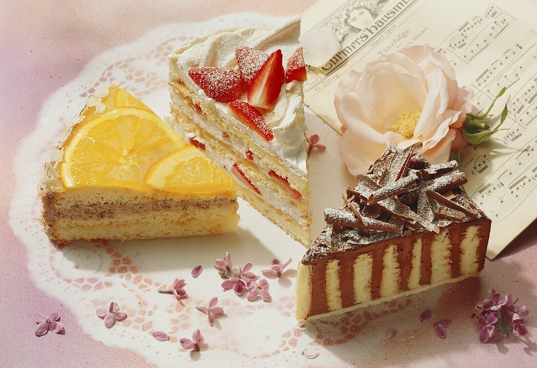 Three pieces of different gateaux