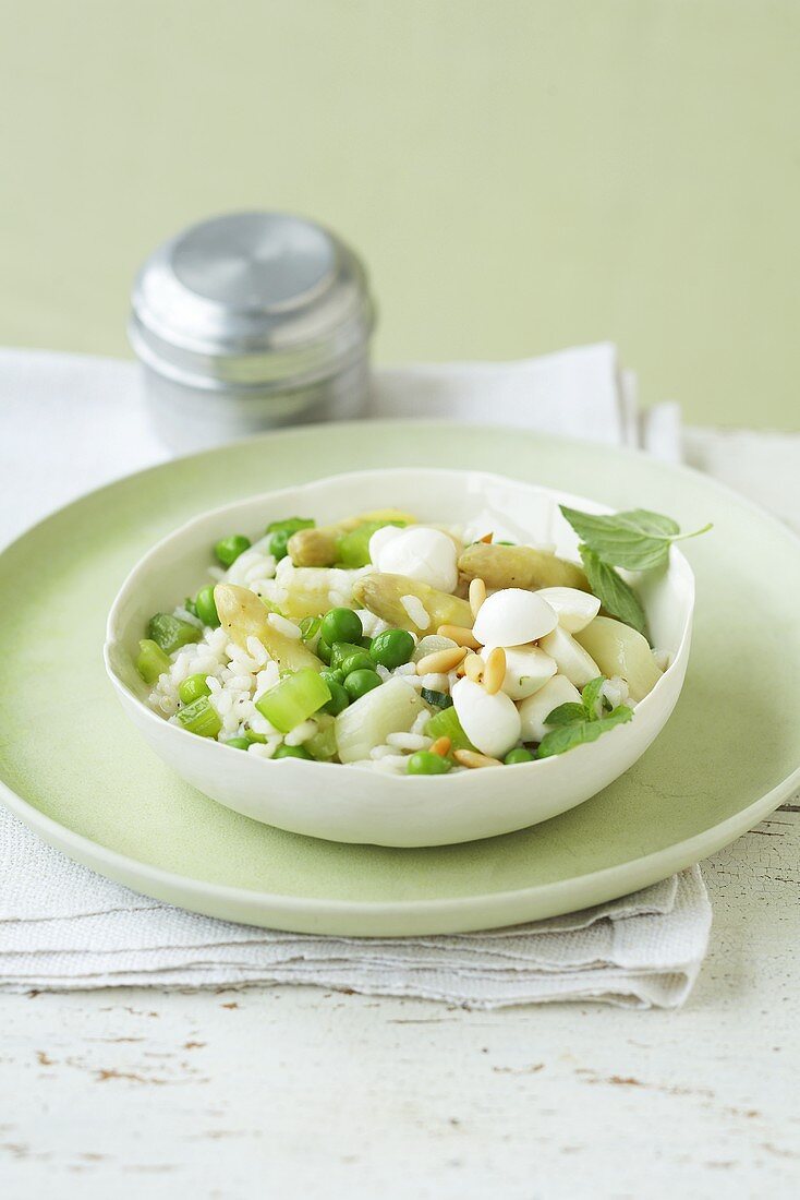 Spring vegetable risotto with mint and baby mozzarella