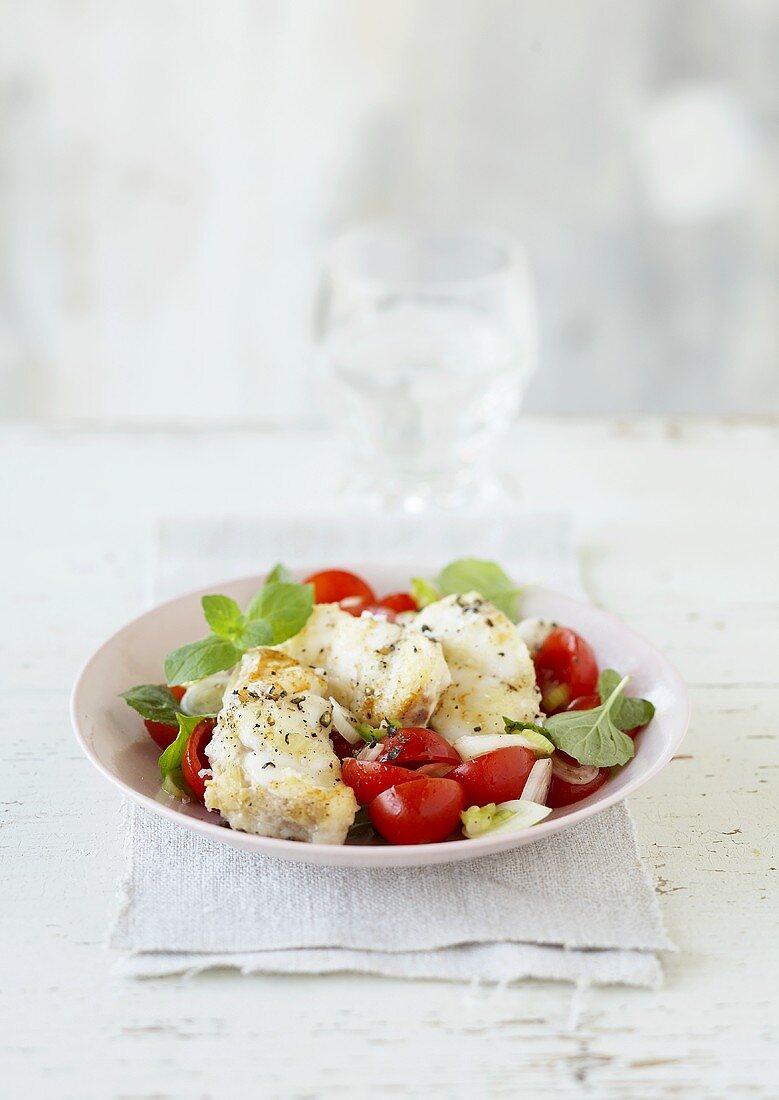 Monkfish fillet with tomato and mint salad