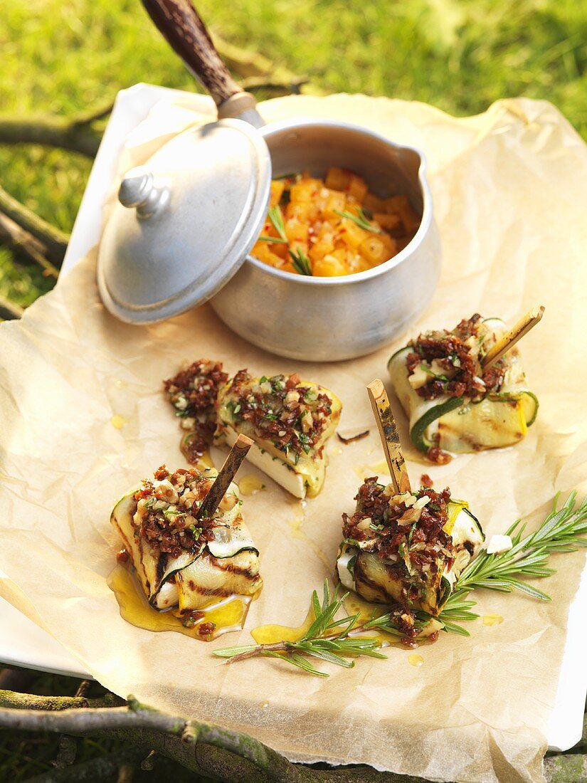 Barbecued courgette and feta parcels with chilli pumpkin ragout