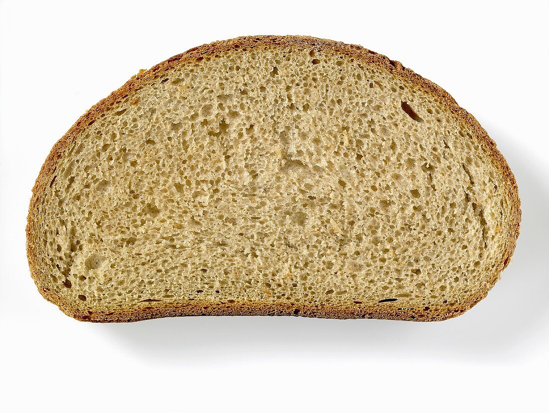 A slice of brown bread (made with wheat and rye flour)