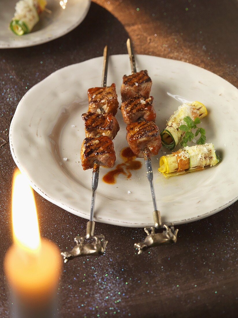 Beef kebabs with vegetable cannelloni and Parmesan