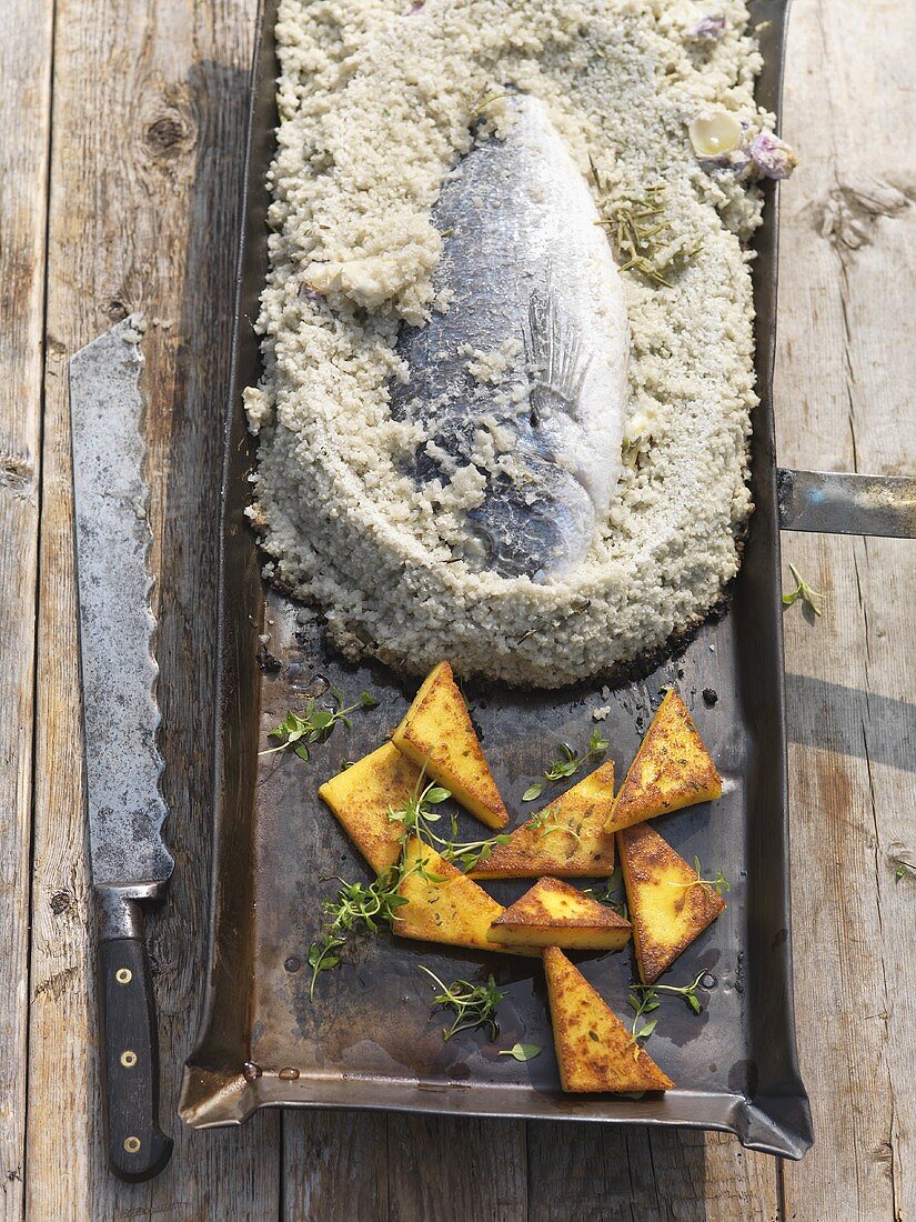 Dorade in der Salzkruste mit Zitronenthymian-Polenta