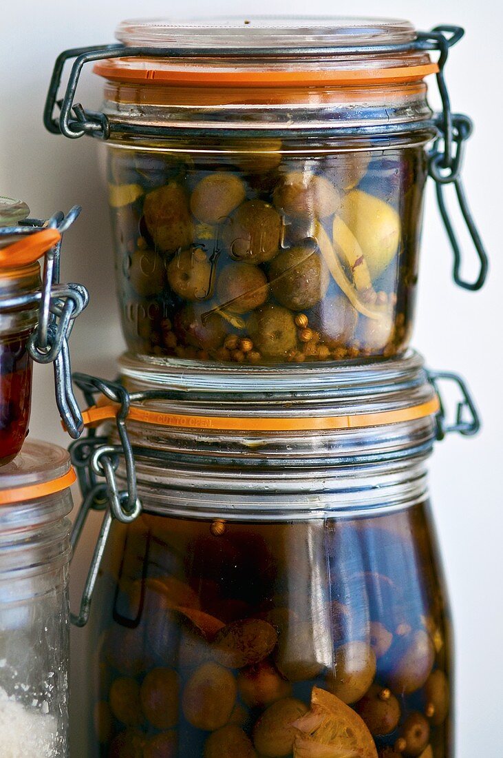 Pickled olives in preserving jars