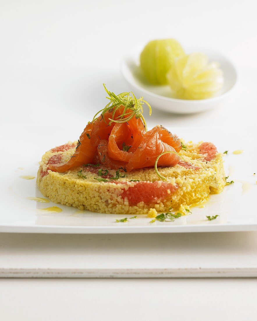 Smoked salmon on polenta with citrus fruit