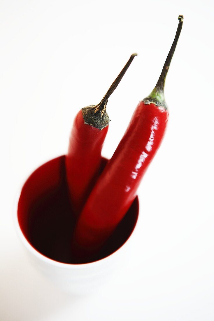 Two red chillies in a beaker