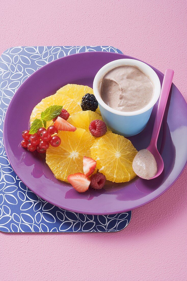 Chocolate mousse with fruit salad