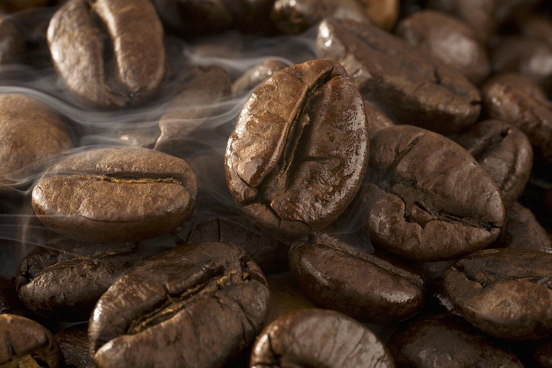 Steaming, roasted coffee beans (close-up)
