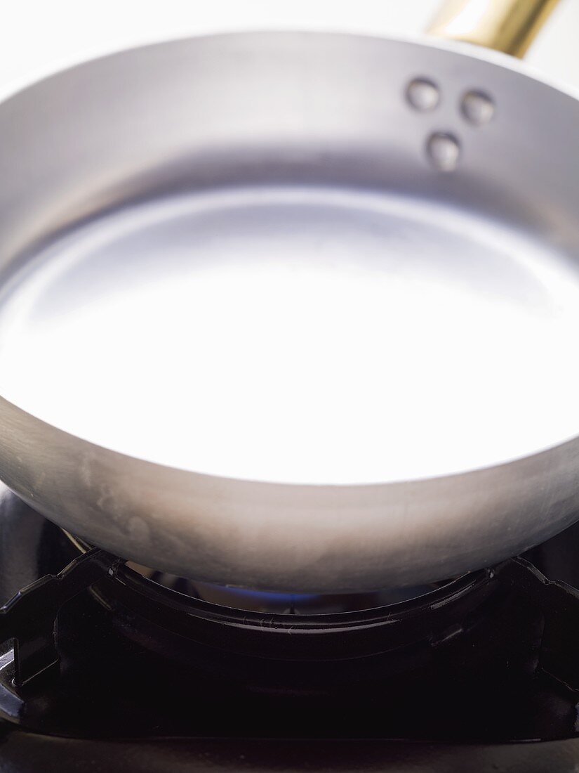 Empty frying pan on a gas cooker