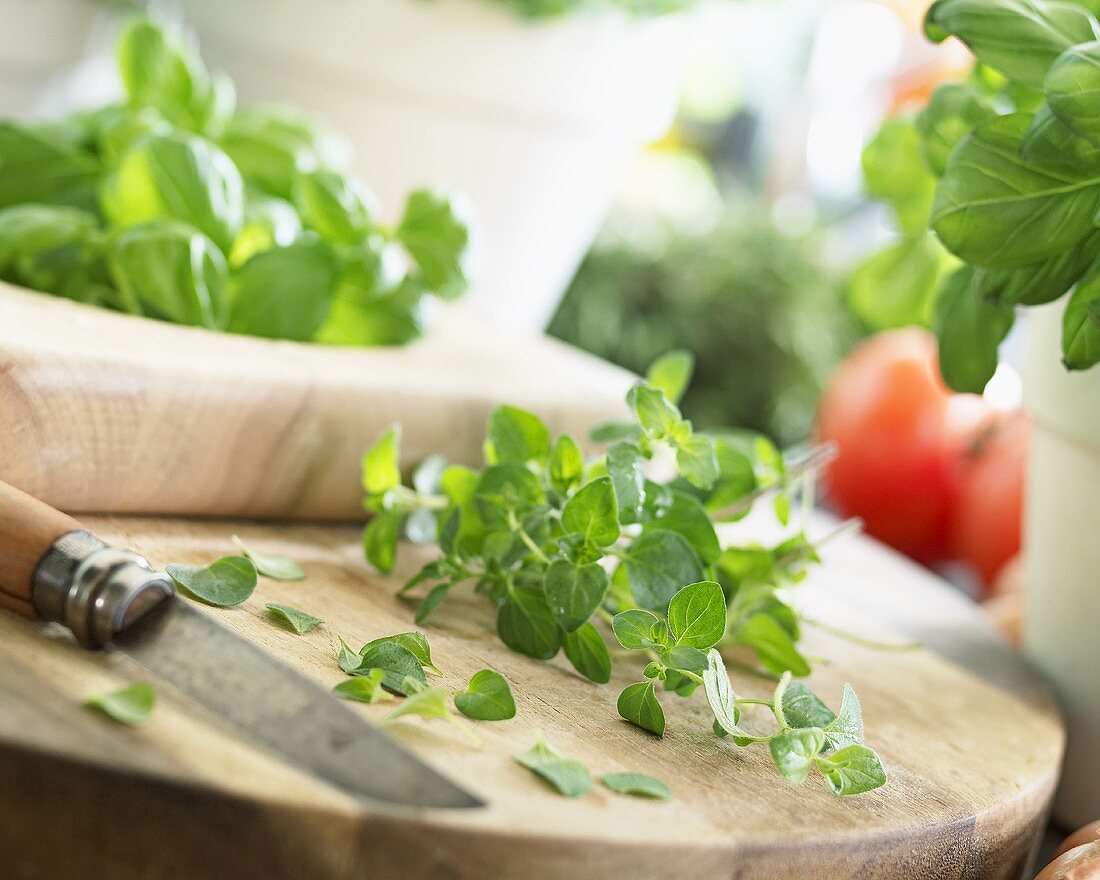 Oregano on a chopping board