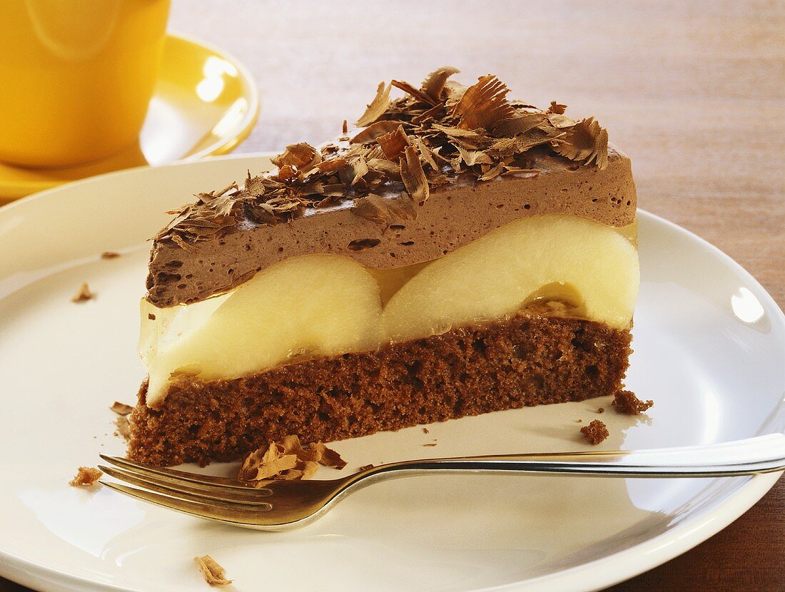 Piece of chocolate cake with pears