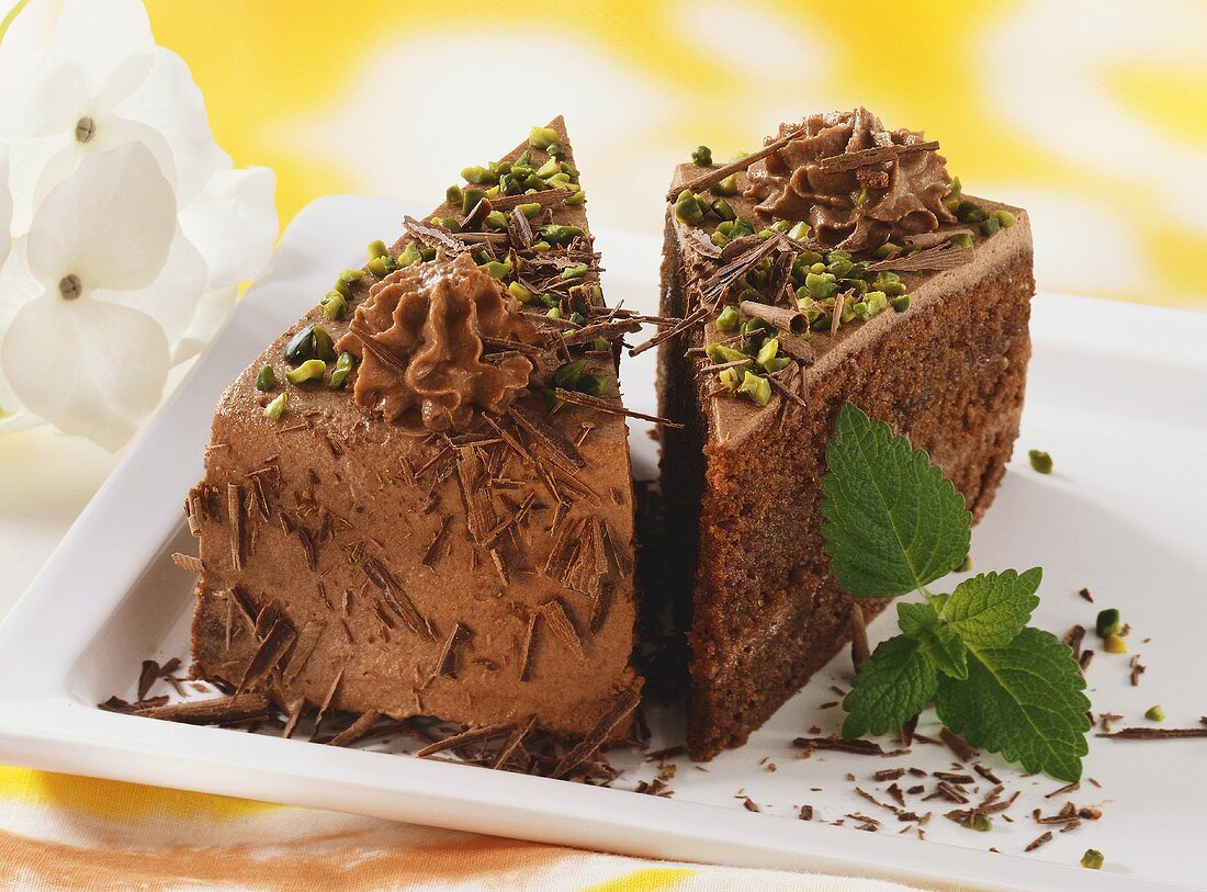 Two pieces of chocolate cake with pistachios