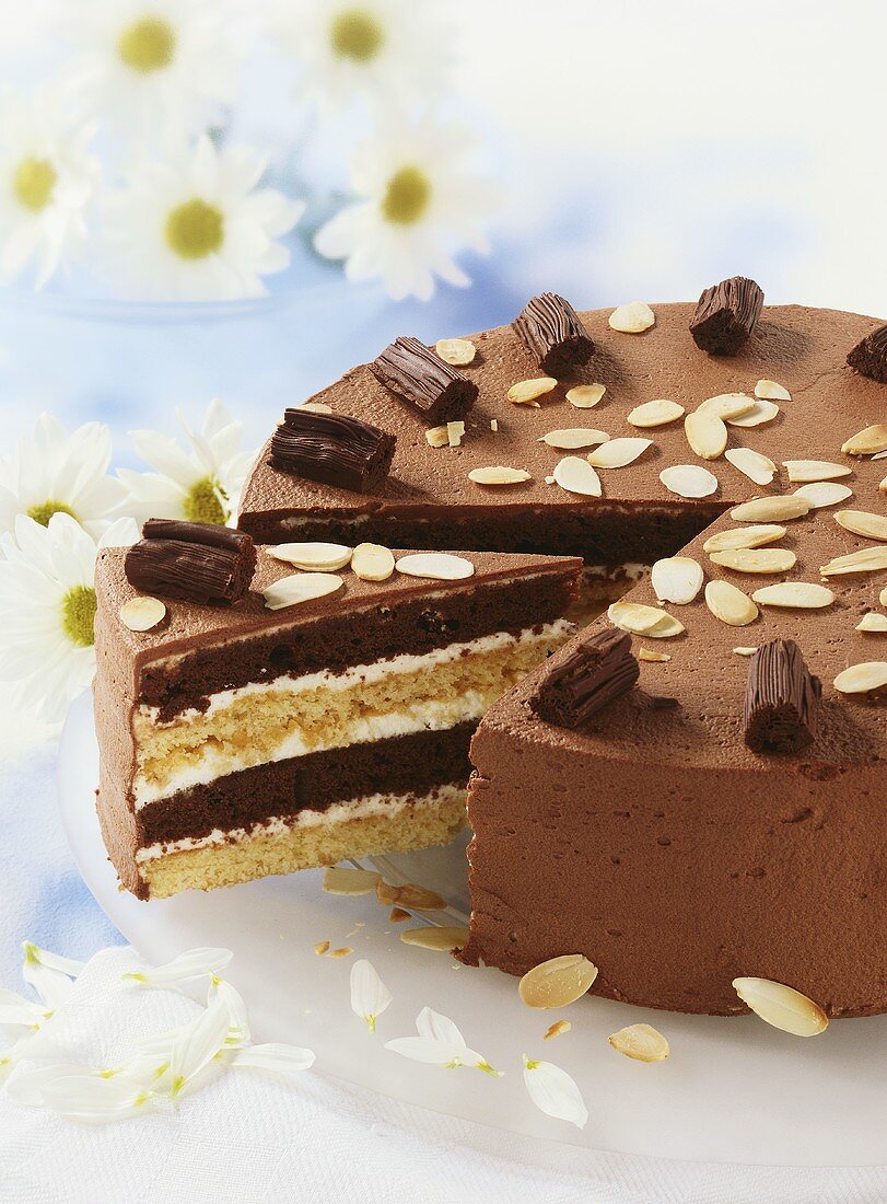 Chocolate cream cake with flaked almonds