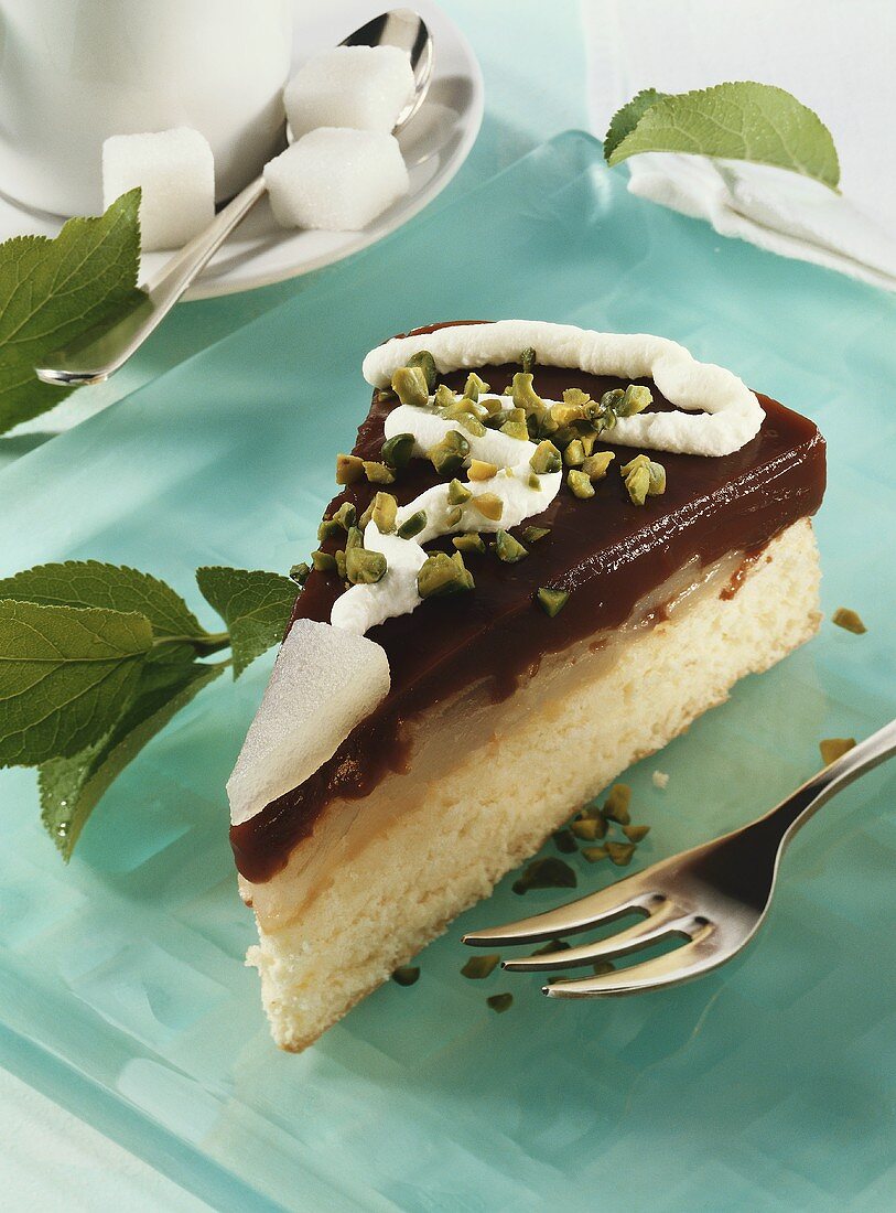 Chocolate cake with pears and pistachios