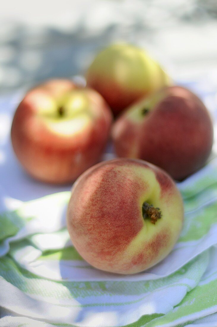 Four peaches on tea towel