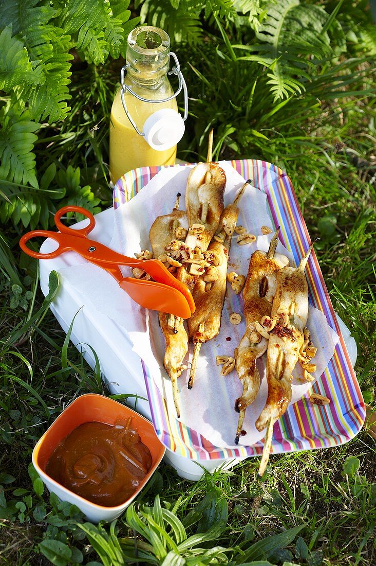 A platter of satay kebabs on the grass