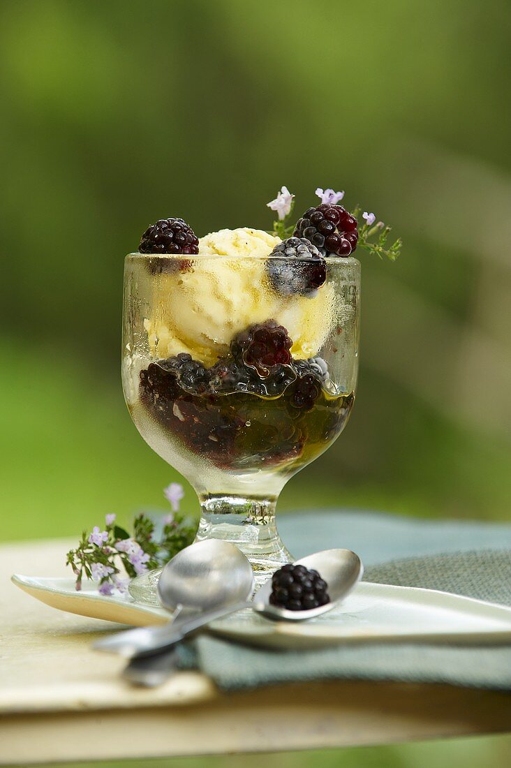 Vanilla ice cream with fresh blackberries