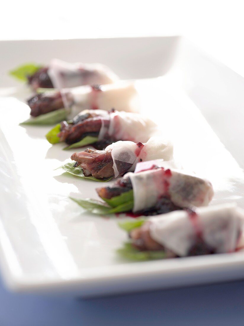 Crispy duck with raspberry relish wrapped in rice paper