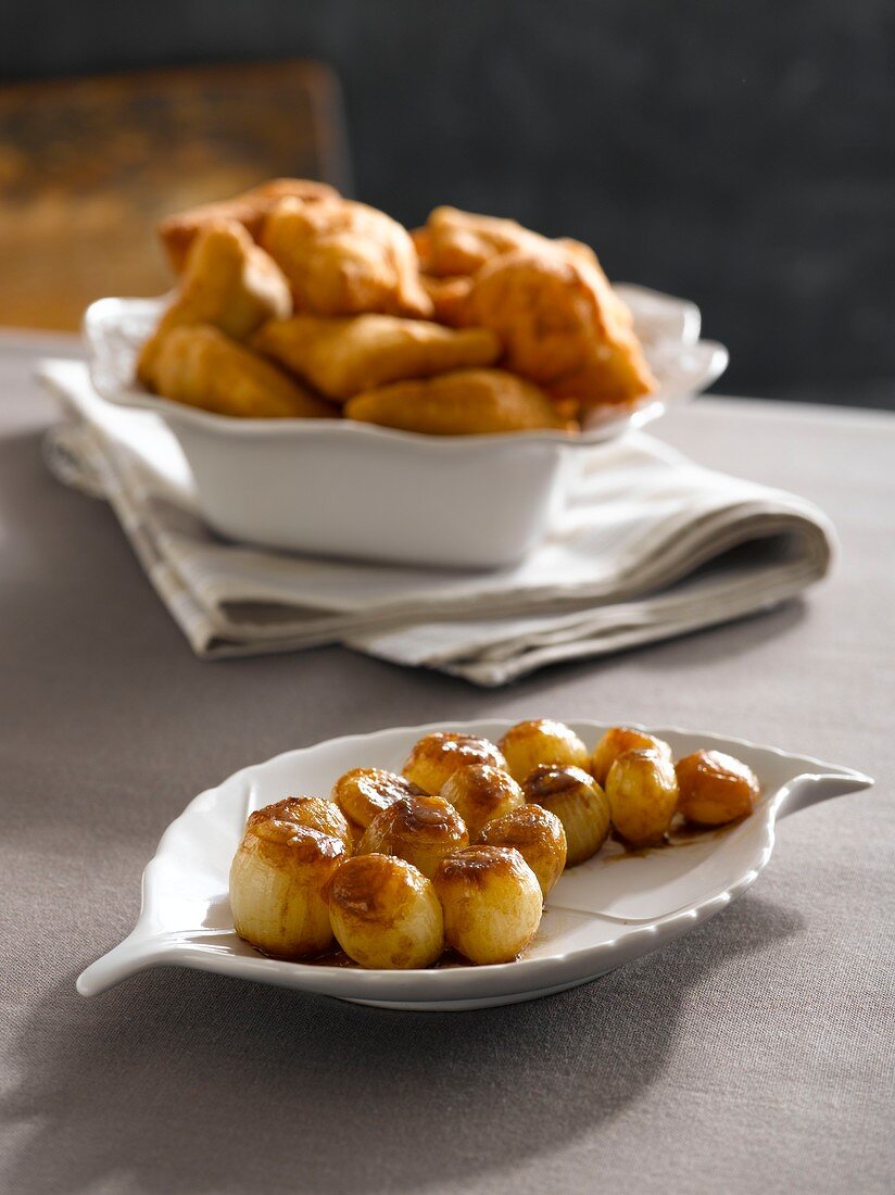 Sweet and sour baby onions with deep-fried focaccia