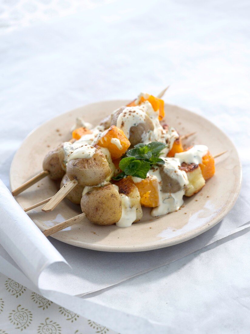 Halloumi, potatoes and caramelised pumpkin on skewers