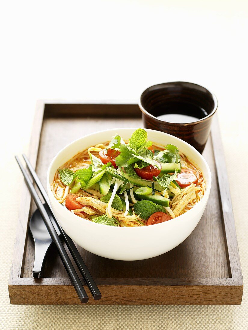 Chicken laksa with vegetables and mint (Asia)