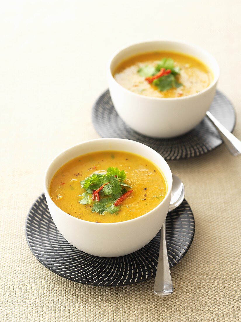 Carrot and ginger soup with chilli and fresh coriander