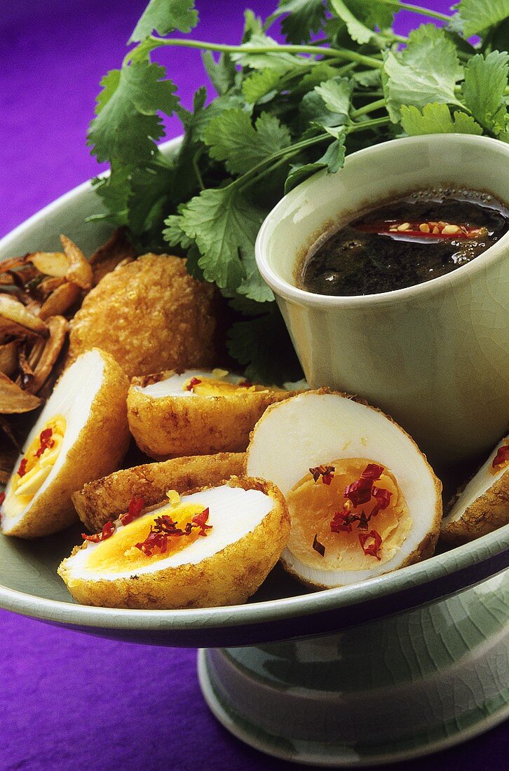Deep-fried boiled eggs and chilli sauce (Thailand)