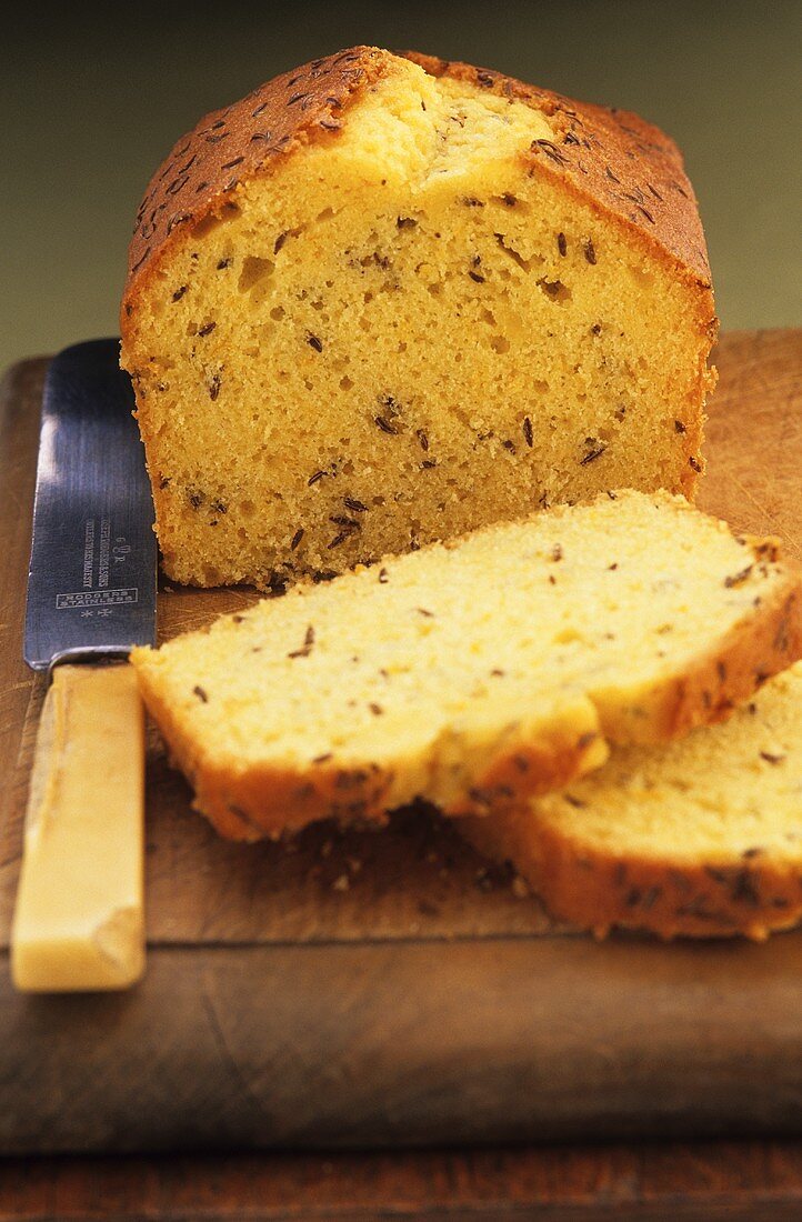 Orange and caraway seed cake, partly sliced