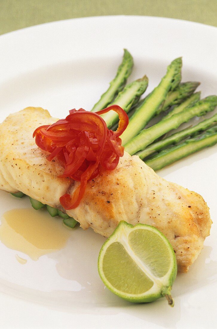 Salmon fillet with red pepper relish and asparagus