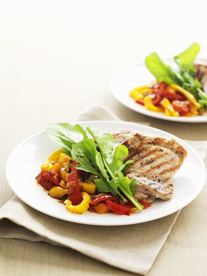 Barbecued chicken breast with peperonata and rocket