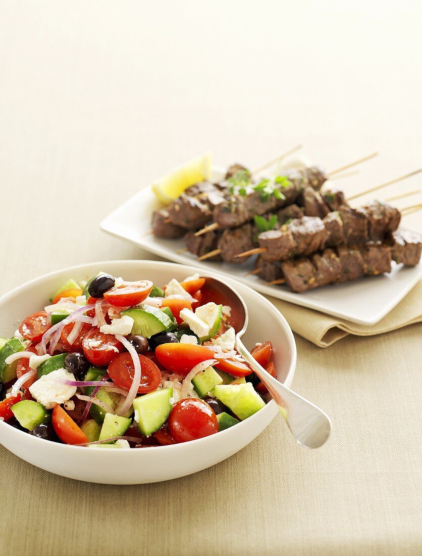 Greek salad with lamb souvlaki