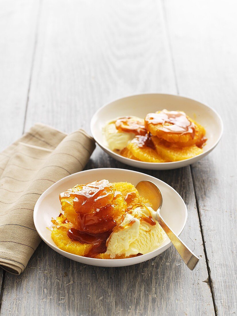 Orange dessert with vanilla ice cream and whisky caramel