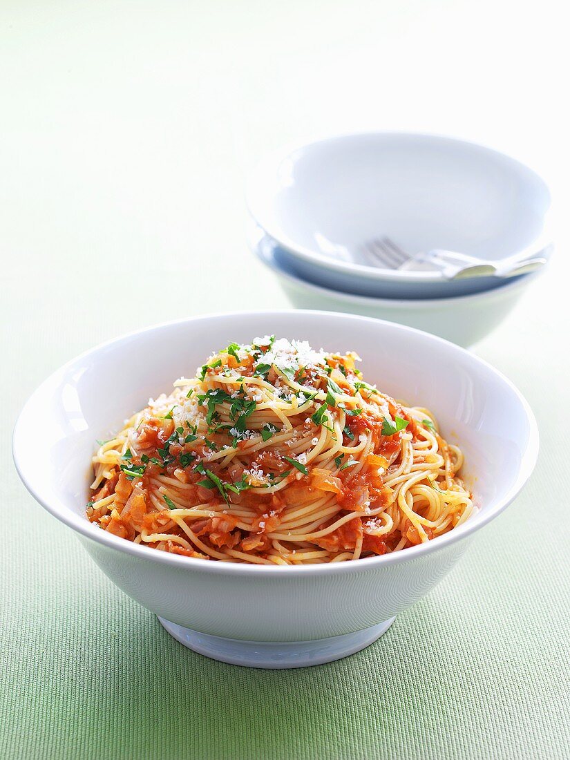 Spaghetti with a tomato chili sauce and pancetta