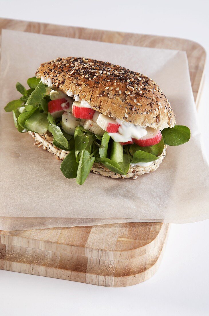 Surimi and watercress in wholemeal roll