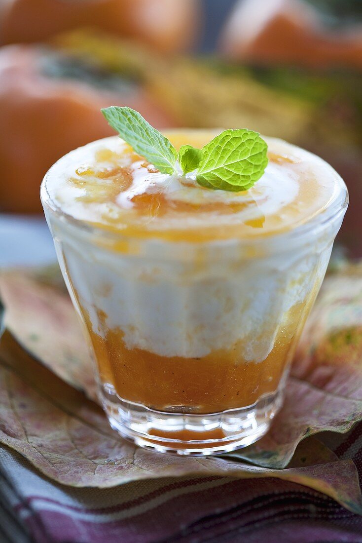 Yogurt with Japanese persimmion and pumpkin mousse