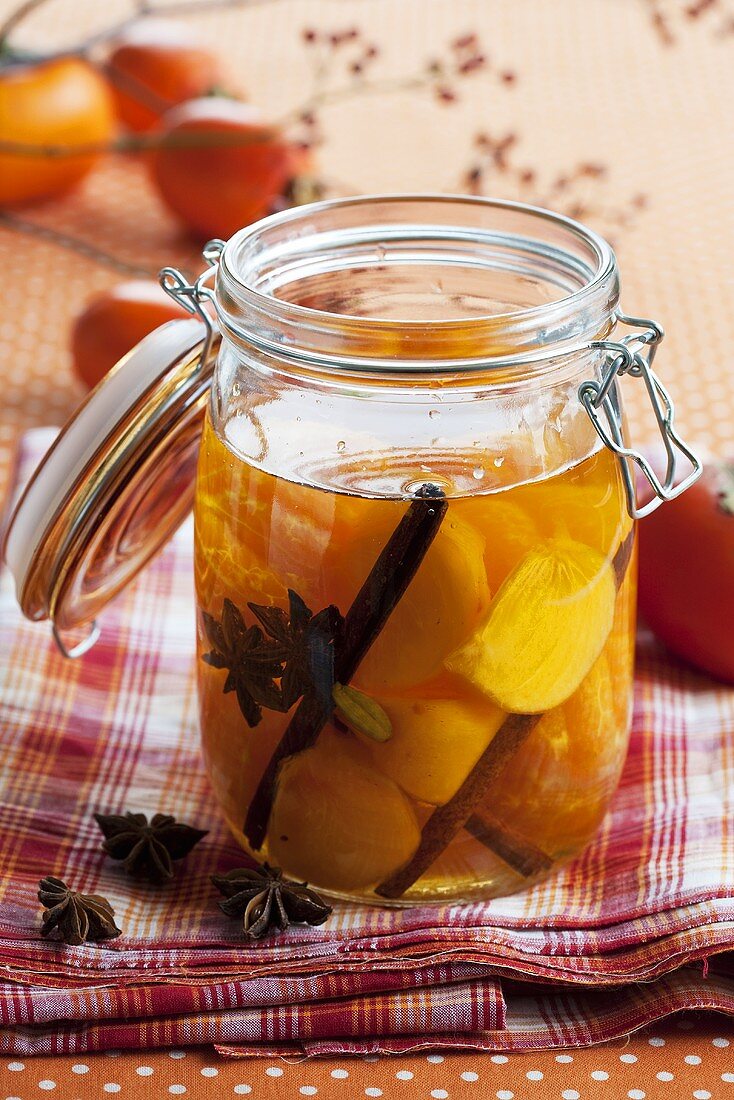 Japanese persimmons and mandarins pickled in plum wine