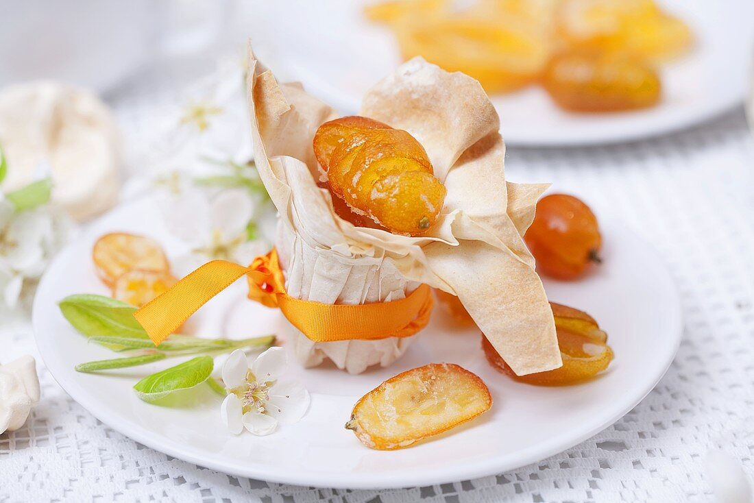 Chestnut cream and candied kumquats in filo pastry shell