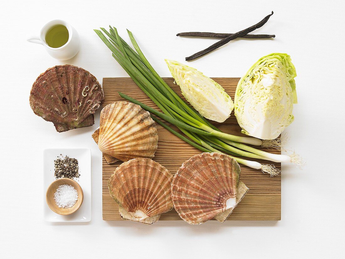 Ingredients for scallops with sauteed cabbage and vanilla oil