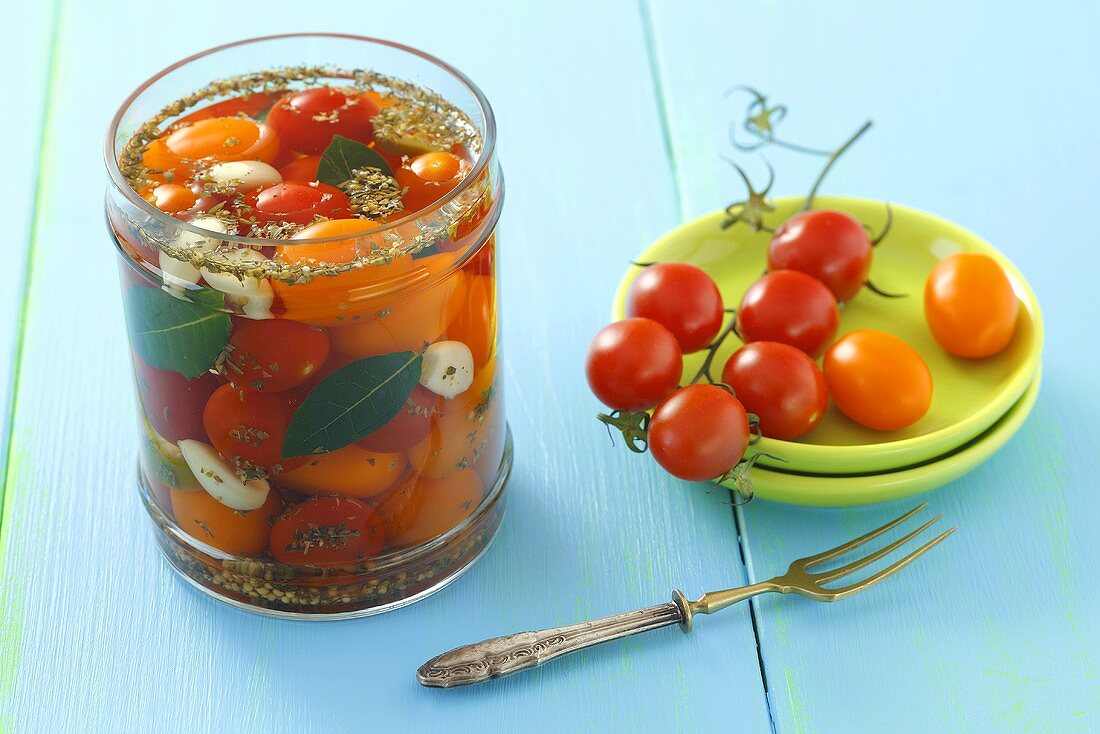 Cherry tomatoes pickled in vinegar with garlic