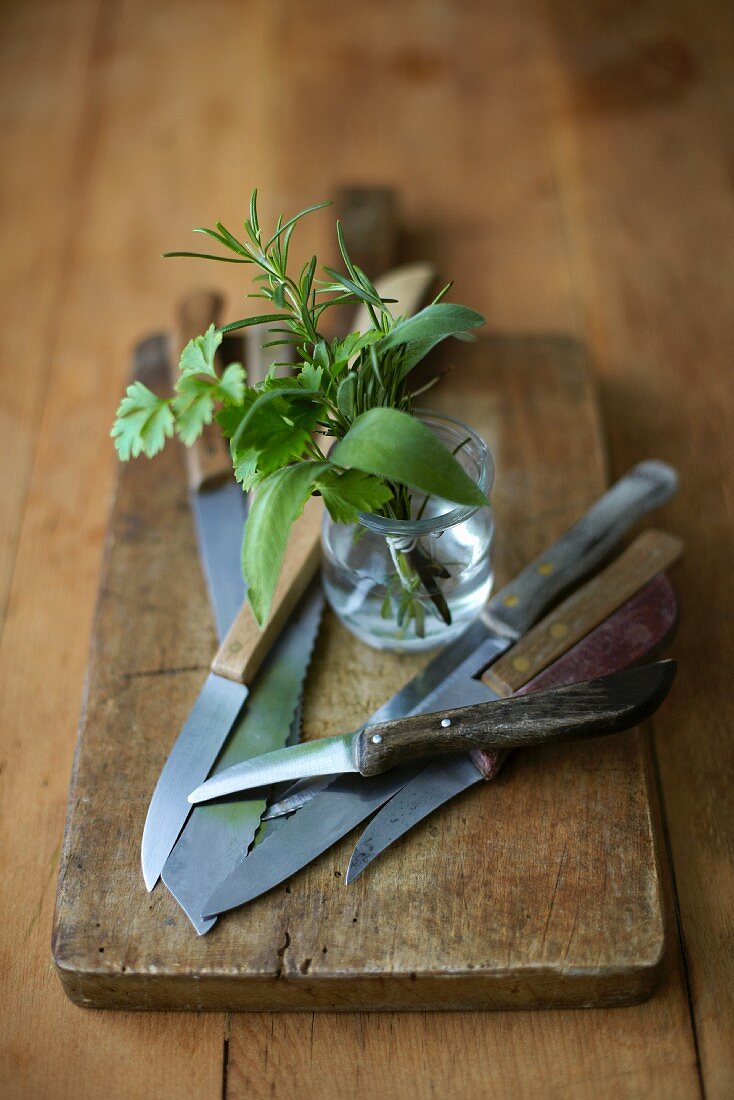 A bouquet of herbs and kitchen knives on a wooden board
