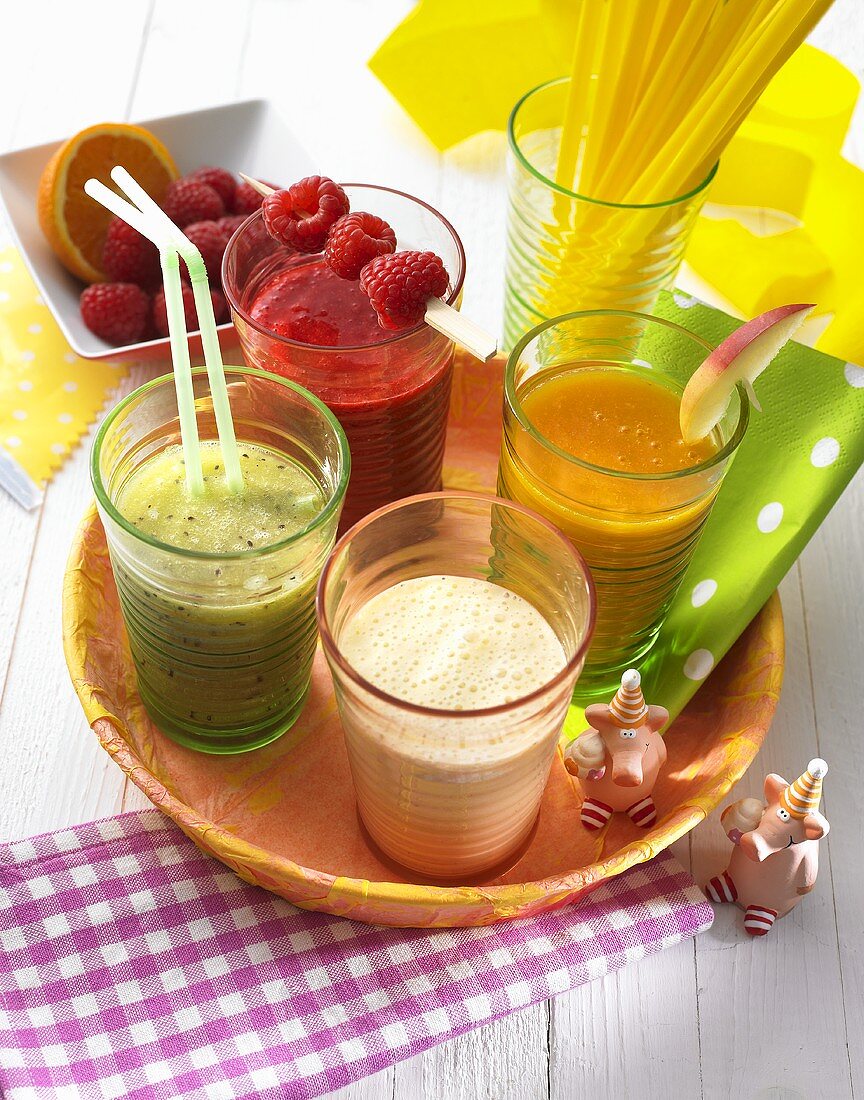 Colourful smoothies on a tray