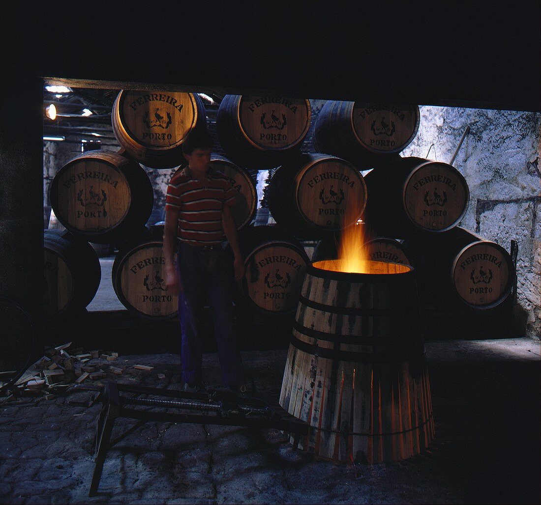 Toasting barrels (exposing to flame), Ferreira, Porto, Portugal