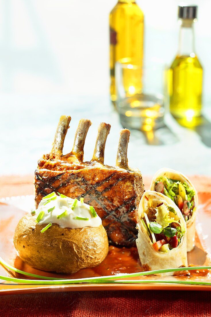 Pork ribs with baked potato and wraps