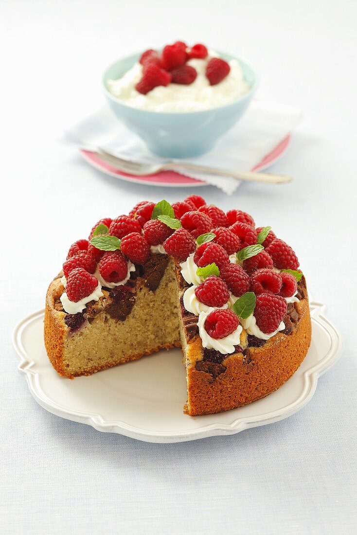 Raspberry cake with chocolate biscuits and cream
