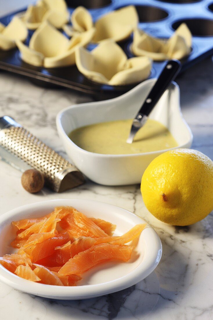 Ingredients for smoked salmon puff pastry tarts