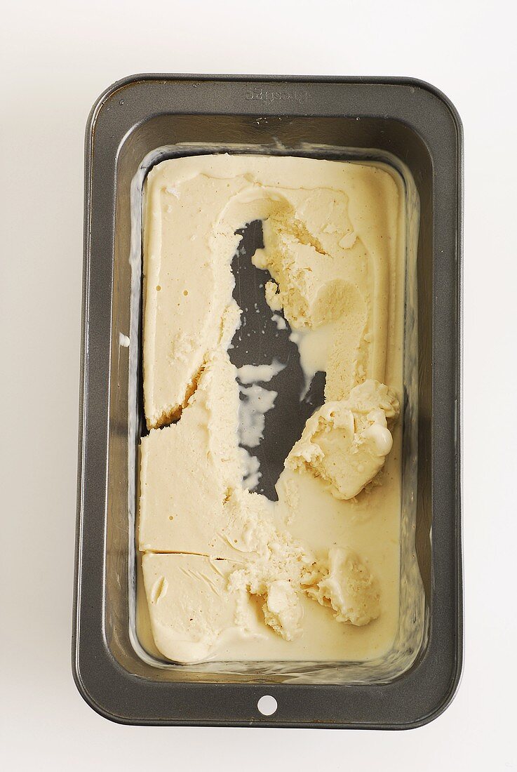 Banana ice cream in a metal container