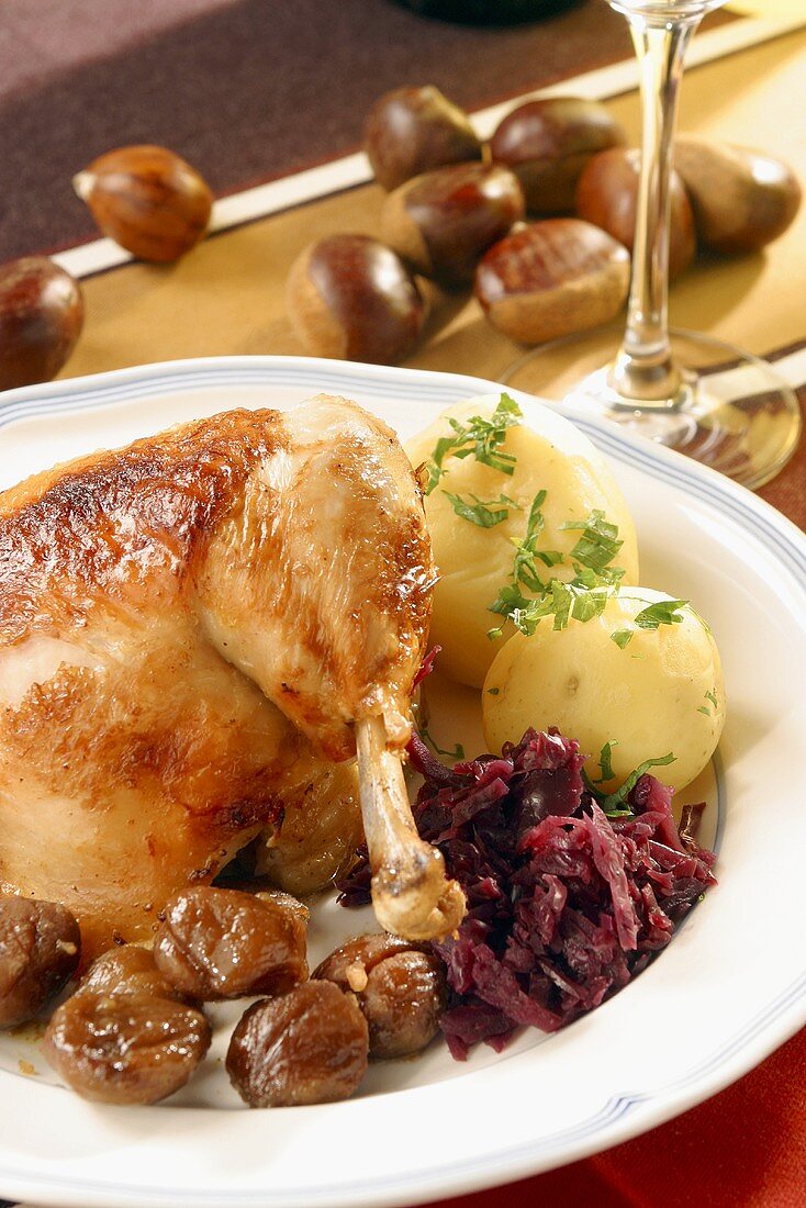Turkey leg with chestnuts, red cabbage and potato dumplings