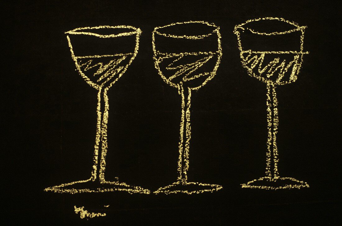 Three glasses drawn on a slate, Trentino, Italy (illustration)