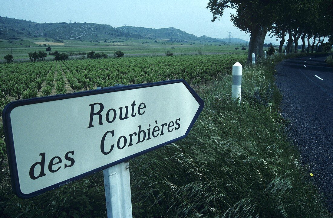 Signpost to the Corbières wine-growing region, Languedoc, France