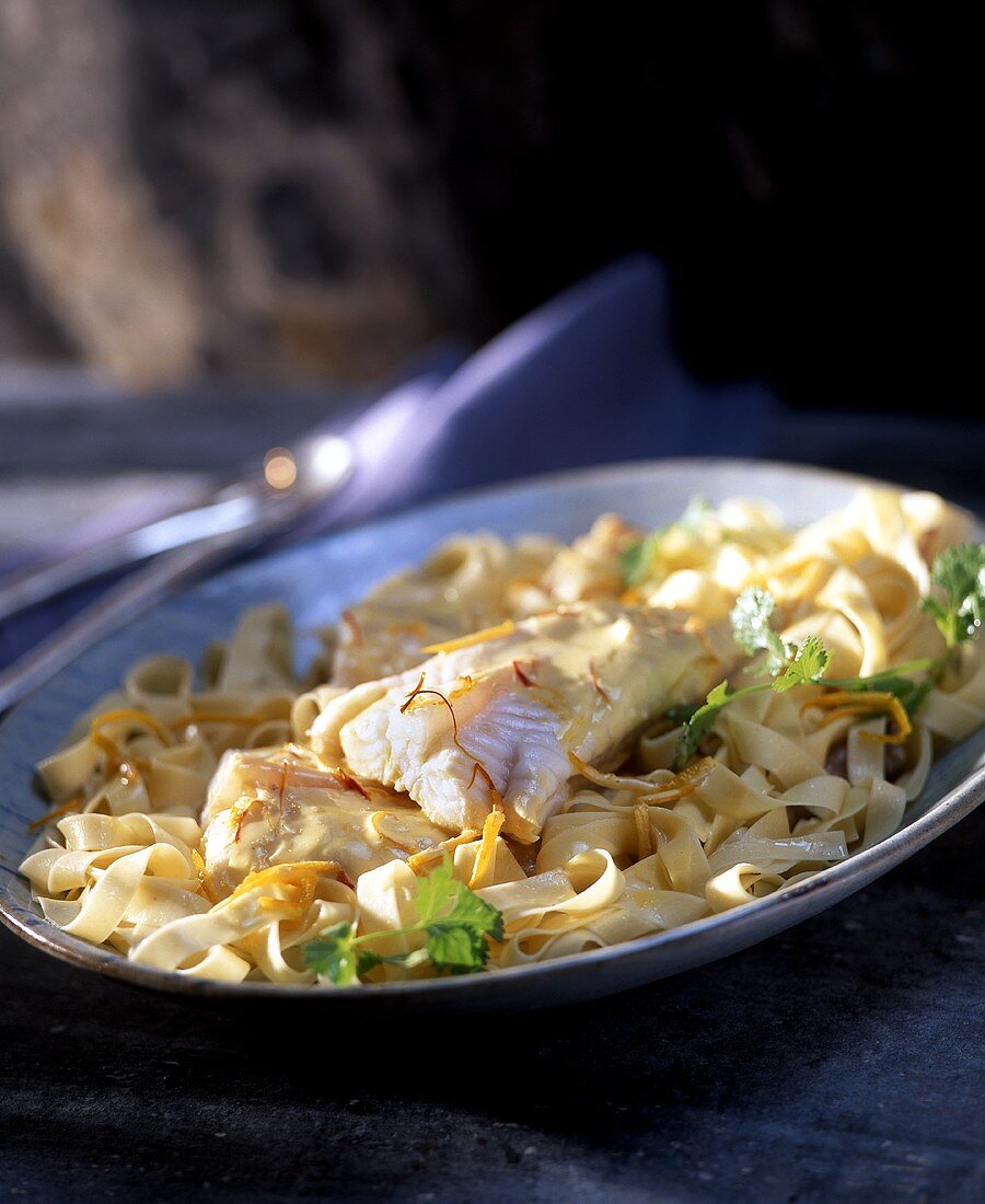 White fricassee of monk fish with safron on tagliatelle